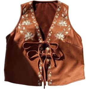 image:imageMakeMeChic Womens Floral Suede Vest Outerwear Sleeveless Tie V Neck Cowgirl Boho Jacket