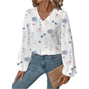 image:imageMakeMeChic Womens Floral V Neck Blouse Lantern Sleeve Business Work ShirtsMulticolor