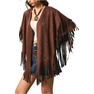 image:imageMakeMeChic Womens Fringe Trim Faux Suede Cape Coat Half Sleeve Oversized Cowgirl Boho OuterwearCoffee Brown