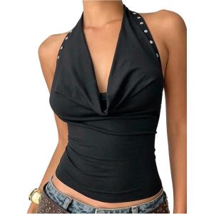 image:imageMakeMeChic Womens Halter Top Draped Rivet Studded Backless Y2K Punk Party Crop TopsBlack