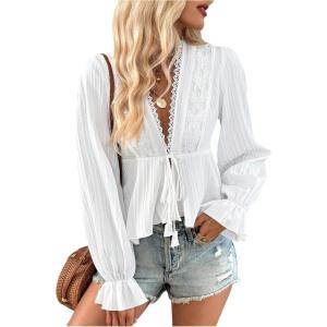 image:imageMakeMeChic Womens Lace V Neck Bell Sleeve Blouse Tie Front Ruffle Hem Going Out TopsWhite