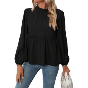 image:imageMakeMeChic Womens Lantern Sleeve Blouse Frill Trim Ruffle Hem Flared Casual Dressy Shirt TopsBlack