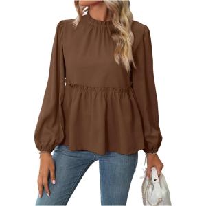 image:imageMakeMeChic Womens Lantern Sleeve Blouse Frill Trim Ruffle Hem Flared Casual Dressy Shirt TopsBrown