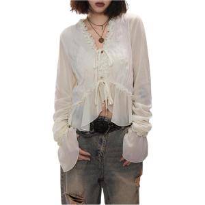 image:imageMakeMeChic Womens Long Sleeve Chiffon Mesh Blouse Ruffle Trim Tie Boho Crop Fairy TopsApricot