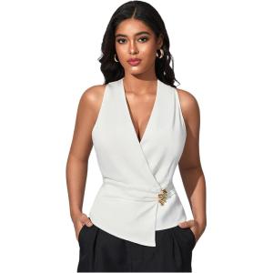 image:imageMakeMeChic Womens Old Money Vest Tops Wrap V Neck Blouse Sleeveless Tie Back Elegant Office ShirtWhite