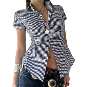 image:imageMakeMeChic Womens Plaid Collared Button Down Shirt Short Sleeve Vintage Blouse TopsBlue