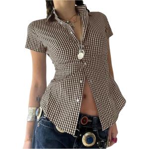image:imageMakeMeChic Womens Plaid Collared Button Down Shirt Short Sleeve Vintage Blouse TopsCoffee Brown