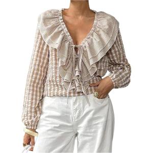 image:imageMakeMeChic Womens Plaid Deep V Neck Blouse Lantern Sleeve Tie Front Ruffle Tiered Shirt TopsKhaki