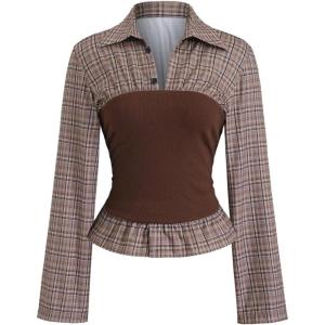 image:imageMakeMeChic Womens Plaid Shirts Long Sleeve Collared Button Down 2 in 1 Rib Knit BlouseBrown