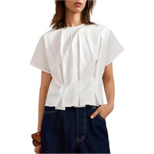 image:imageMakeMeChic Womens Pleated Ruffle Blouse Top Summer Crewneck Short Sleeve Dressy Shirt TopsWhite
