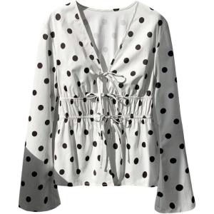 image:imageMakeMeChic Womens Polka Dots Bell Sleeve Blouse Tie Front V Neck Shirred Shirt TopsWhite