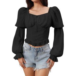 image:imageMakeMeChic Womens Renaissance Pirate Costume Corset Tops Puff Long Sleeve Ruched Bust Ruffled Peplum Peasant BlouseBlack