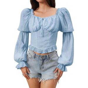 image:imageMakeMeChic Womens Renaissance Pirate Costume Corset Tops Puff Long Sleeve Ruched Bust Ruffled Peplum Peasant BlouseLight Blue