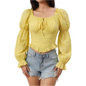 image:imageMakeMeChic Womens Renaissance Pirate Costume Corset Tops Puff Long Sleeve Ruched Bust Ruffled Peplum Peasant BlouseLight Yellow