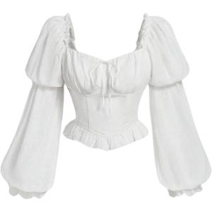 image:imageMakeMeChic Womens Renaissance Pirate Costume Corset Tops Puff Long Sleeve Ruched Bust Ruffled Peplum Peasant BlouseWhite