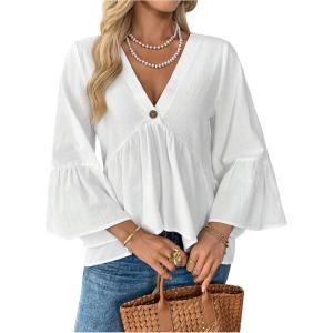 image:imageMakeMeChic Womens Ruffle 34 Sleeve Blouse V Neck Peplum Boho Shirt TopsWhite