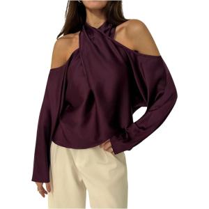 image:imageMakeMeChic Womens Satin Criss Cross Blouse Long Sleeve Cold Shoulder TopsRed Violet