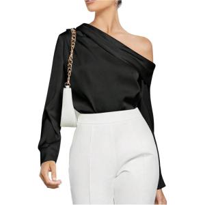 image:imageMakeMeChic Womens Satin Off The Shoulder Blouse Silk Long Sleeve Work Office Dressy TopsBlack