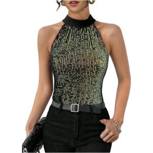 image:imageMakeMeChic Womens Sequin Halter Tops Sparkly Tie Back Sleeveless Business BlouseMulticolor