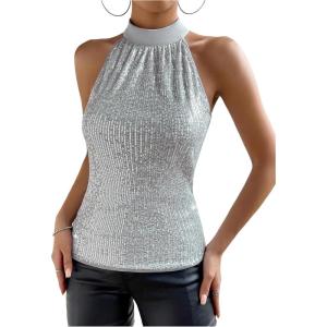 image:imageMakeMeChic Womens Sequin Halter Tops Sparkly Tie Back Sleeveless Business BlouseSilver