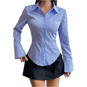 image:imageMakeMeChic Womens Striped Bell Sleeve Blouse Button Up Shirt Work Dressy TopsMulticolor