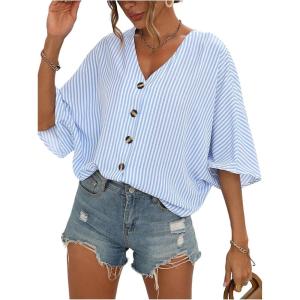 image:imageMakeMeChic Womens Striped Blouses Casual Button Up Loose Shirt 34 Length Sleeve V Neck Summer Tops ShirtBlue and White