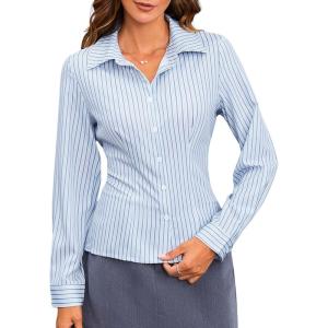 image:imageMakeMeChic Womens Striped Button Down Shirts Long Sleeve Slim Fit Collared Blouse Y2K TopsBlue
