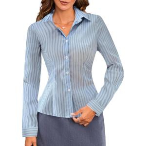 image:imageMakeMeChic Womens Striped Button Down Shirts Long Sleeve Slim Fit Collared Blouse Y2K TopsLight Blue