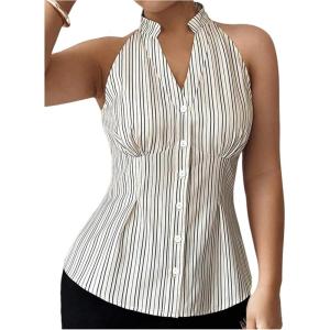 image:imageMakeMeChic Womens Striped Halter Neck Notched Blouse Button Down Sleeveless Dressy TopsMulticolor