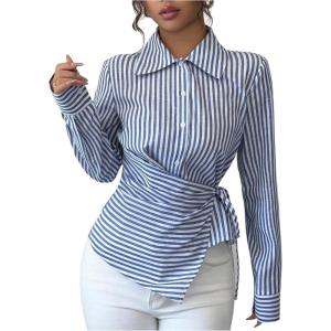 image:imageMakeMeChic Womens Striped Wrap Button Down Shirt Tie Side Long Sleeve Business BlouseBlue and White