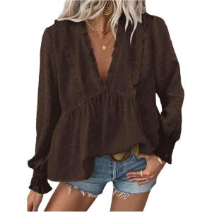 image:imageMakeMeChic Womens Swiss Dots Ruffle Long Sleeve Blouse Deep V Neck Shirred Boho TopsBrown
