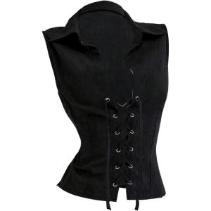 image:imageMakeMeChic Womens Vest Tops Lace Up Collared Blouse Sleeveless Summer ShirtBlack