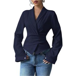 image:imageMakeMeChic Womens Wrap Blouse V Neck Long Sleeve Dressy Casual Bowknot Ruched Business ShirtsBlue