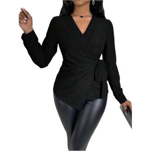 image:imageMakeMeChic Womens Wrap Tops V Neck Blouse Business Dressy Shirt Tie Side Long Sleeve Going Out TopBlack