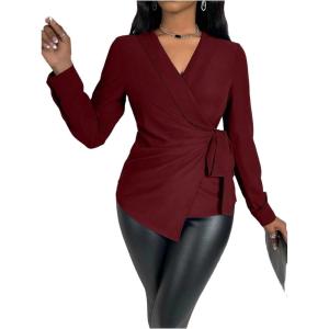 image:imageMakeMeChic Womens Wrap Tops V Neck Blouse Business Dressy Shirt Tie Side Long Sleeve Going Out TopBurgundy