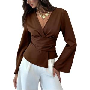 image:imageMakeMeChic Womens Wrap V Neck Blouse Bell Sleeve Cinched Waist Dressy Work TopsCoffee Brown