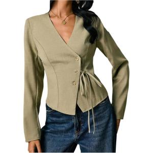 image:imageMakeMeChic Womens Wrap V Neck Blouse Button Down Tie Front Business Casual Dressy TopsGreen