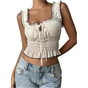 image:imageMakeMeChic Womens Y2k Square Neck Crop Tops Ruffle Tie Front Shirred Sleeveless Tank TopsApricot