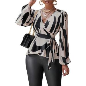 image:imageMakeMeChic Womens Zebra Striped Wrap Tie V Neck Long Sleeve Business Peplum TopsBlack