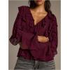 image:imageMAKEMECHIC Womens Ruffle V Neck Blouse Chiffon Lantern Sleeve Going Out TopsBurgundy