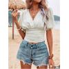 image:imageMAKEMECHIC Womens Wrap V Neck Crop Top Short Sleeve Shirred Ruched Summer Boho Tops BlouseBeige