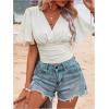 image:imageMAKEMECHIC Womens Wrap V Neck Crop Top Short Sleeve Shirred Ruched Summer Boho Tops BlouseBeige