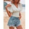 image:imageMAKEMECHIC Womens Wrap V Neck Crop Top Short Sleeve Shirred Ruched Summer Boho Tops BlouseBeige