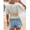 image:imageMAKEMECHIC Womens Wrap V Neck Crop Top Short Sleeve Shirred Ruched Summer Boho Tops BlouseBeige