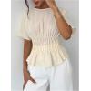 image:imageMakeMeChic Womens Business Casual Blouse Pleated Crew Neck Short Sleeve Tie Back Shirt TopsApricot