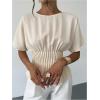 image:imageMakeMeChic Womens Business Casual Blouse Pleated Crew Neck Short Sleeve Tie Back Shirt TopsApricot