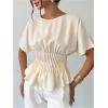image:imageMakeMeChic Womens Business Casual Blouse Pleated Crew Neck Short Sleeve Tie Back Shirt TopsApricot