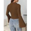 image:imageMakeMeChic Womens Button Down Blouse Collared V Neck Bell Sleeve Shirt TopsCoffee Brown