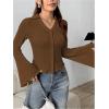 image:imageMakeMeChic Womens Button Down Blouse Collared V Neck Bell Sleeve Shirt TopsCoffee Brown