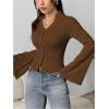 image:imageMakeMeChic Womens Button Down Blouse Collared V Neck Bell Sleeve Shirt TopsCoffee Brown